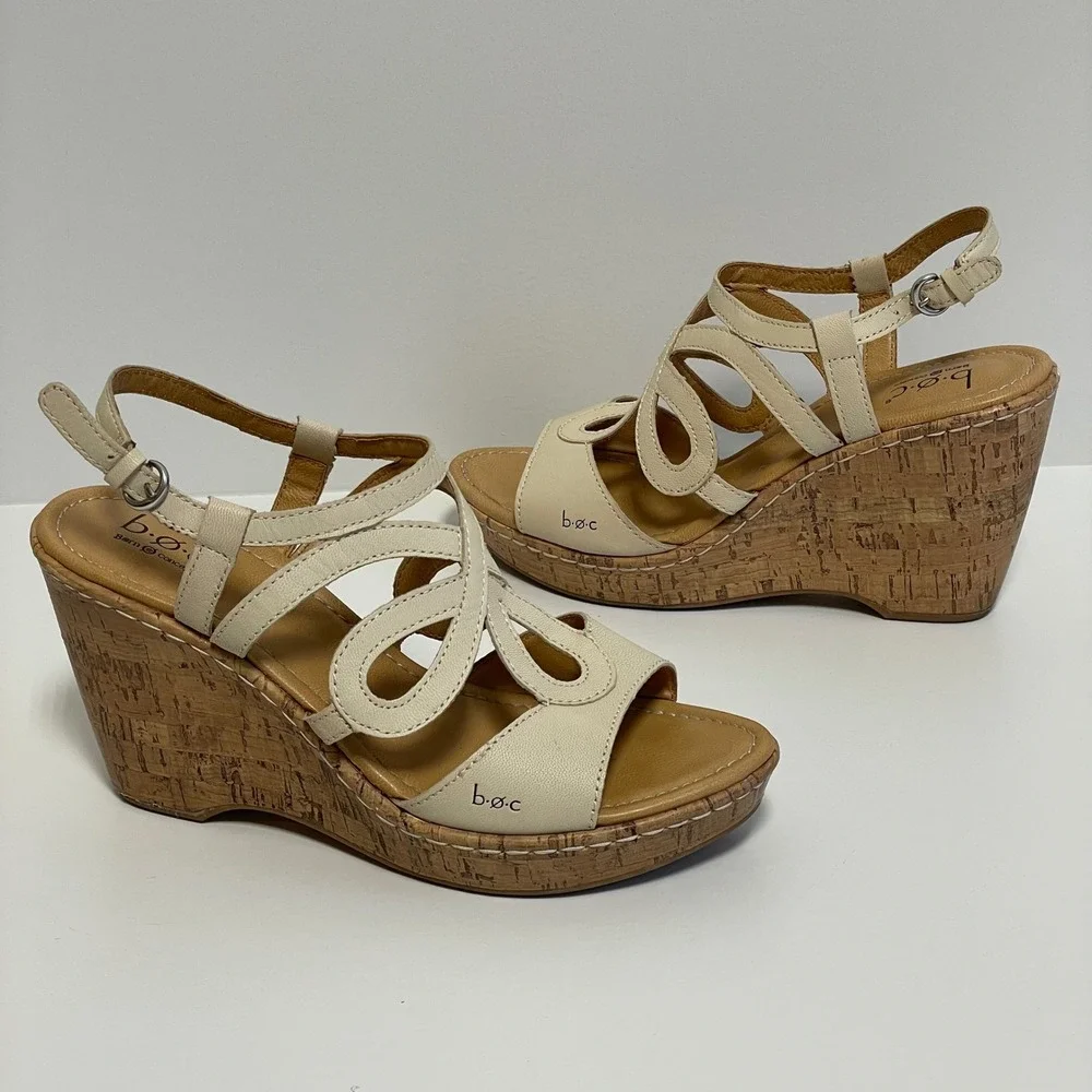 Boc Born Concept Cream Leather Cork Wedge Sandals‎ Women's Size 9